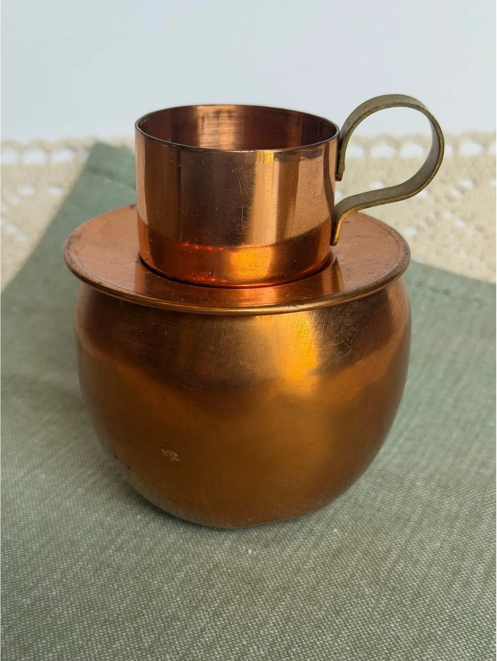 Vintage Coppercraft Guild Stacking Copper Creamer & Sugar Bowl Set Brass Handle